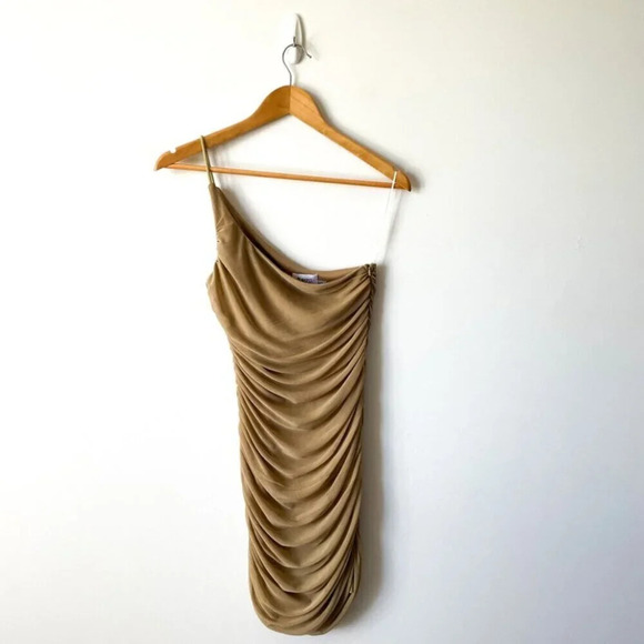 Princess Polly Jocasta Mesh Ruched One Shoulder Mini Dress Tan Size 6 - Picture 4 of 8